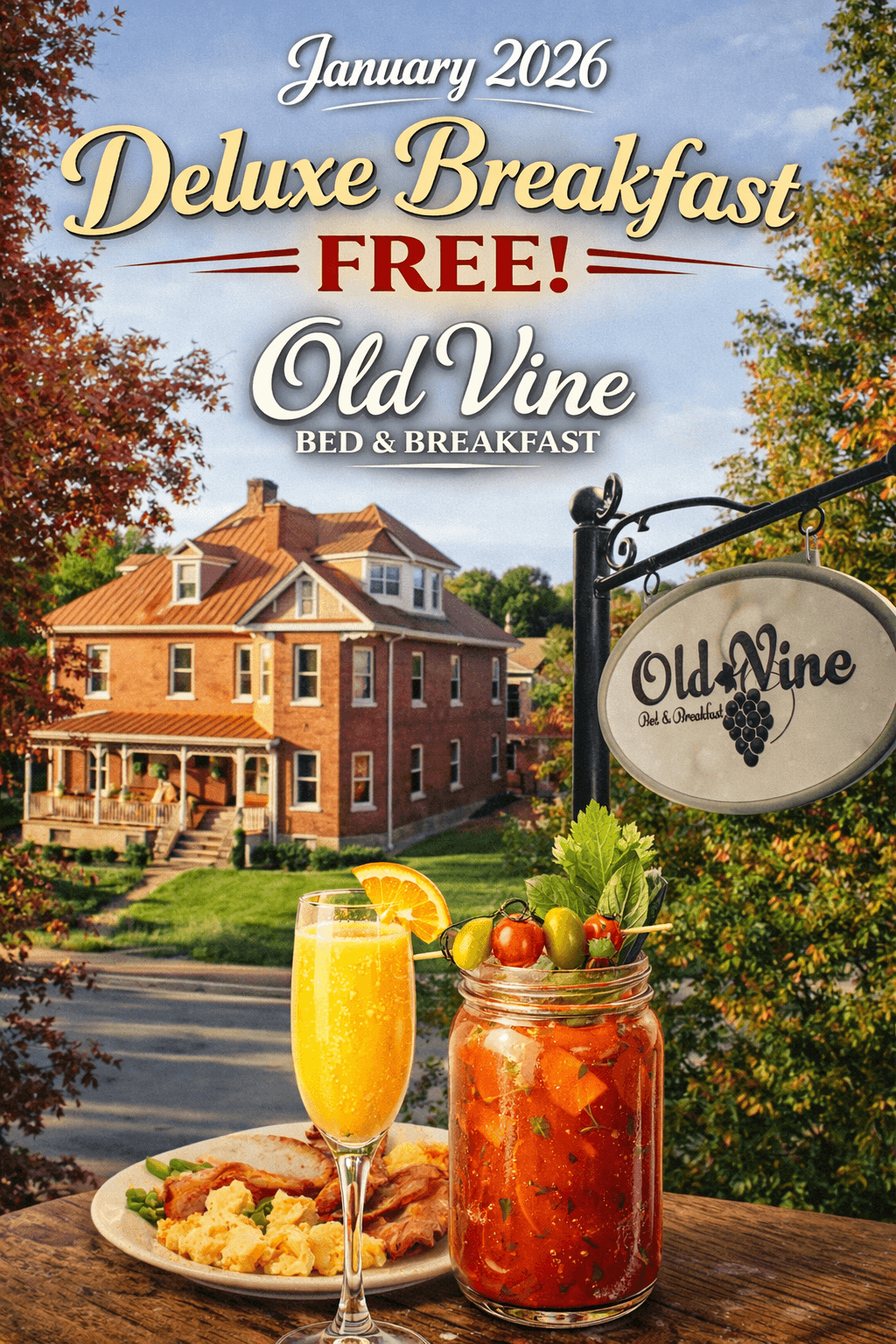 A promotional image for Old Vine Bed & Breakfast featuring a free deluxe breakfast in January 2026, with a view of the building and dishes including a cocktail and food. A promotional image for Old Vine Bed & Breakfast featuring a free deluxe breakfast in January 2026, with a view of the building and dishes including a cocktail and food.