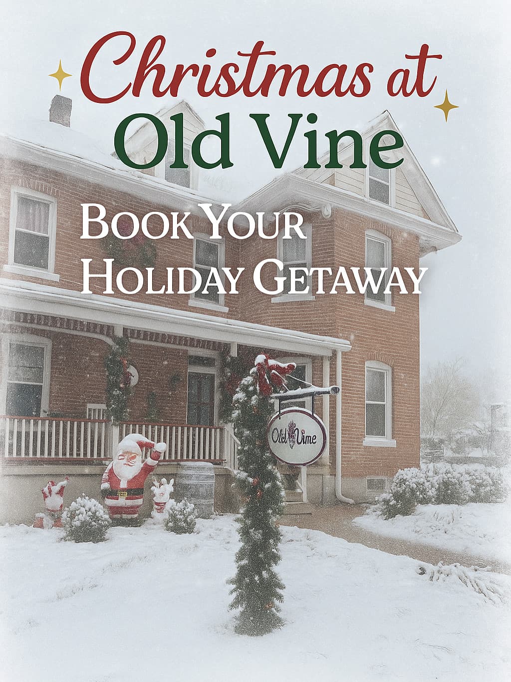 Snowy scene of a festive house decorated for Christmas at Old Vine, promoting holiday getaways. Snowy scene of a festive house decorated for Christmas at Old Vine, promoting holiday getaways.