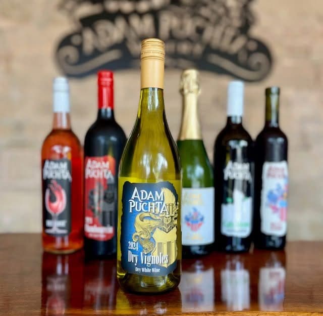 A display of various wine bottles, featuring a prominent green bottle of Adam Puchta's 2020 Dry Vignoles. A display of various wine bottles, featuring a prominent green bottle of Adam Puchta's 2020 Dry Vignoles.